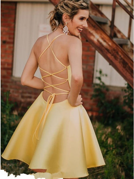 Chic V-Neck Cut Out Yellow Criss-Cross Homecoming Party Dress VK0116005