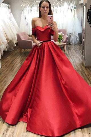 Red Ball Gown Off the Shoulder V Neck Satin Prom Dresses Evening Dresses  VK0127002