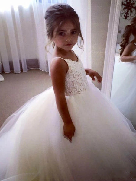 Cute A-line Straps Long Flower Girl Dress,Princess Tulle Flower Girl Dresses,Lace Ball Gowns VK0101035