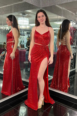 Red V Neck Sequins Two Piece Long Prom Dresses VK24022302