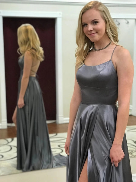 Charming Scoop Neck Spaghetti Straps Neckline Sweep Train A-line Prom Dresses With Slit VK0105003