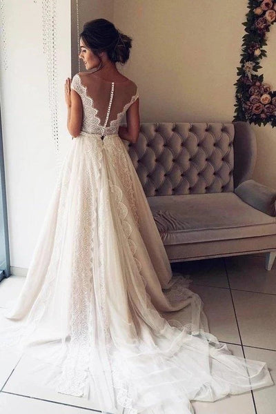 Free Shipping A Line Cap Sleeve Lace V Neck Chiffon Ivory Wedding Dresses Wedding Gowns VK0120023