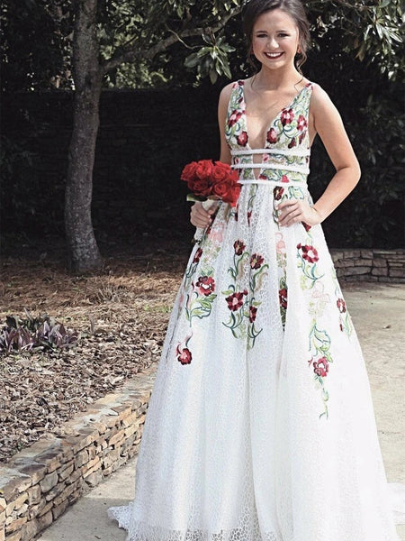 Gorgeous A-Line Lace Prom Dresses Floral Gowns Evening Party Dresses VK0105008