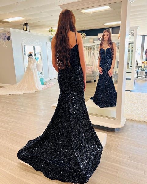 Sparkly Mermaid Straps Navy Sequins Long Prom Dresses VK111702