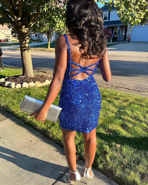 Cute Bodycon V Neck Royal Blue Spakrly Homecoming Dresses VK121301