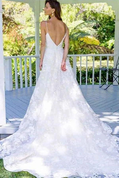 Free Shipping A Line Spaghetti Straps Backless V Neck Long Lace Wedding Dresses Bridal VK0120028