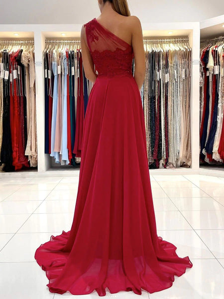 Gorgeous Red one shoulder chiffon lace long prom dress, red evening dress VK220302001