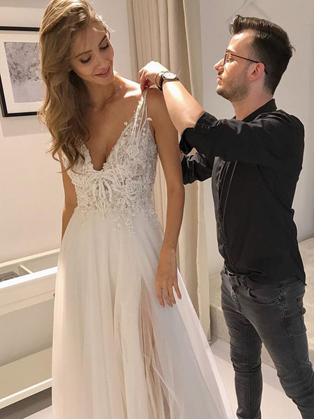 Beautiful A-Line V Neck White Tulle Lace Beach Boho Wedding Dresses with Slit VK0501005