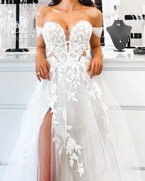 Charming A Line Off the Shoulder Tulle Wedding Dresses with Appliques VK120804
