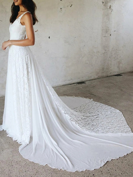 A-Line Wedding Dresses V Neck Court Train Chiffon Lace Spaghetti Strap Simple Plus Size Bridal Dress VK0330001