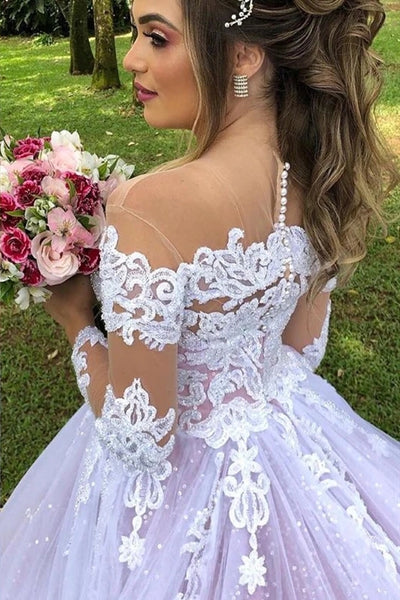 Ball Gown Long Sleeves Pink Tulle Lace Wedding Dresses,Sparkly Bridal Gown VK0318013