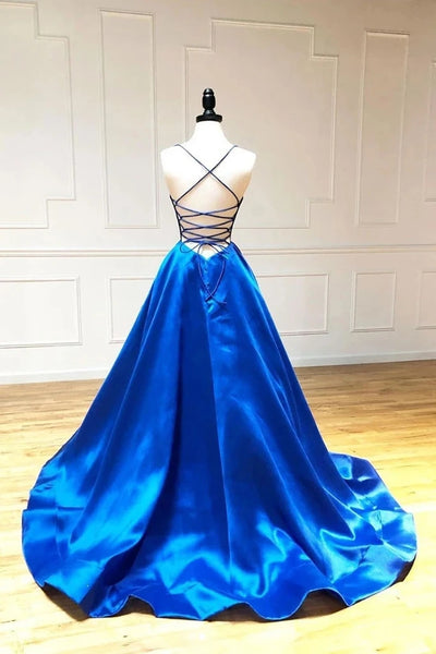 Simple A Line Satin Spaghetti Straps Royal Blue Long V Neck Prom Dresses VK0127010