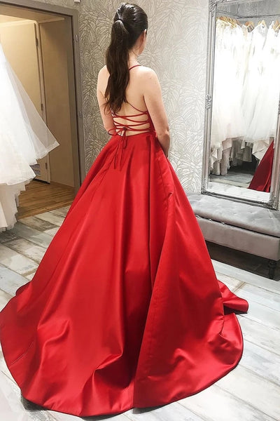 Charming A-Line Scoop Neck Cross Back Red Satin Long Prom Dresses with Train VK0118016