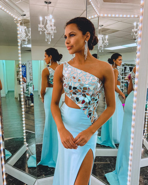 Cute Mermaid One Shoulder Blue Elasitc Satin Slit Prom Dresses with Beaded VK23011404