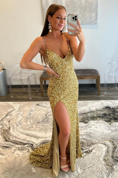 Charming Mermaid V Nekc Gold Sequins Long Prom Dresses with Slit VK111402