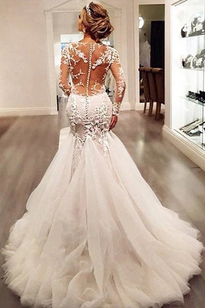 Gorgeous Long Sleeves Mermaid V-neck Wedding Gown,Ivory Bridal Dress With Lace Appliques VK0302007