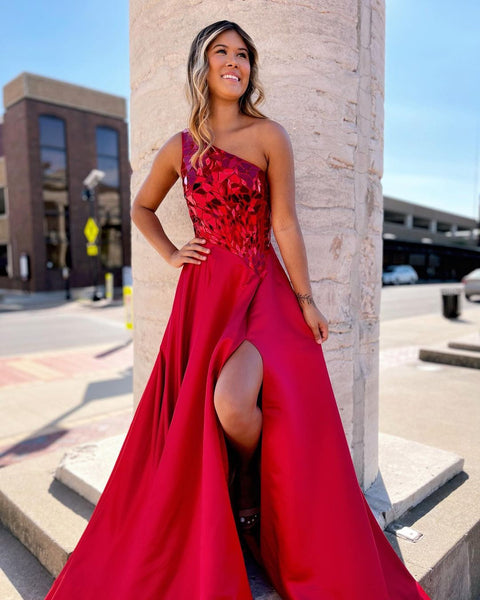 Charming A Line One Shoulder Red Sequins Long Prom Dresses with Slit VK10303