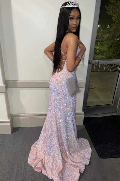 Charming Mermaid V Nekc Pink Sequins Long Prom Dresses with Straps VK111401
