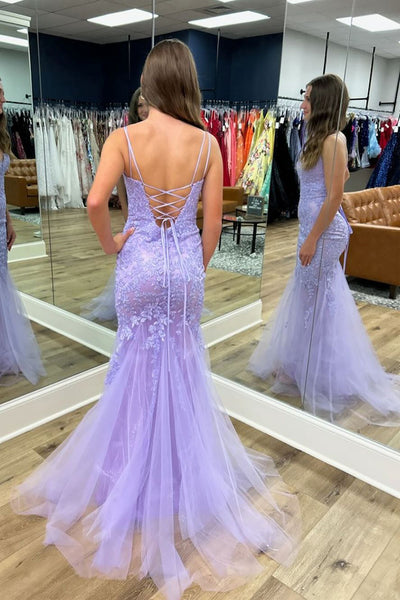 Lilac Tulle Lace V Neck Mermaid Long Prom Dresses VK23112304