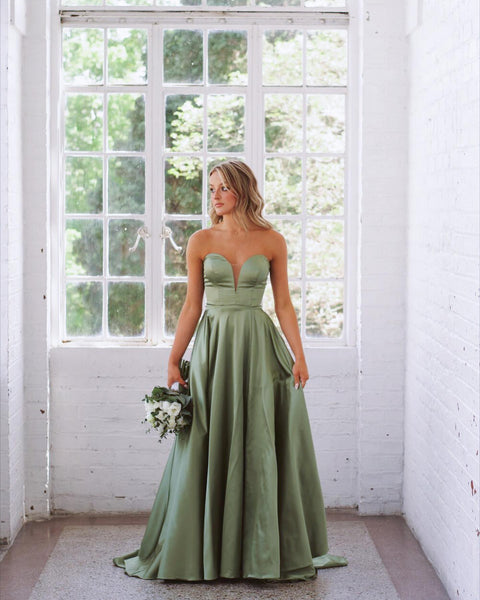 Sweetheart A Line Sage Green Satin Long Prom Dresses VK072901