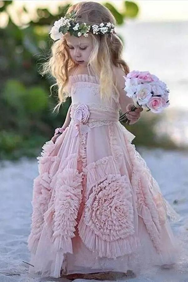 A Line Long Hand-Made Flower Chiffon Flower Girl Dresses VK0101040