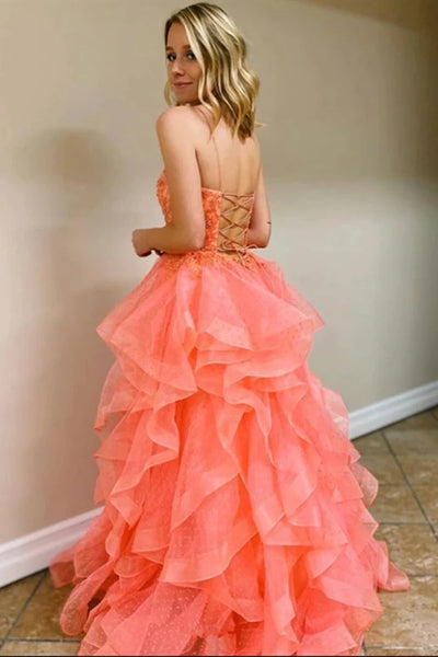 Coral Backless Tulle Beaded Long Prom Gowns, Spaghetti Straps Layers Prom Dress VK0125017