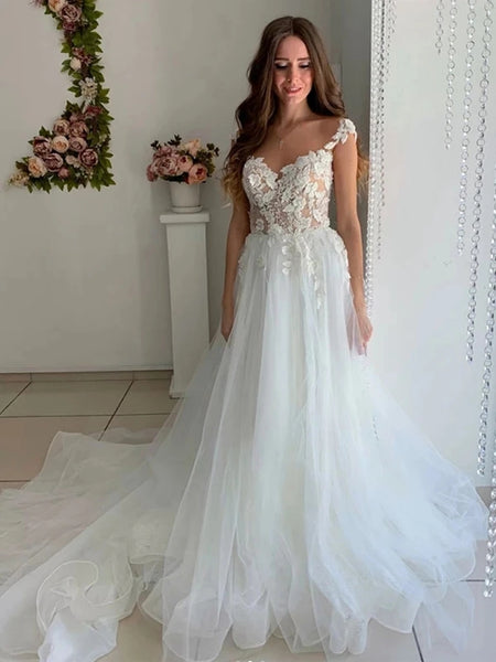 Cap Sleeves White Lace Long Wedding Dresses VK0608001