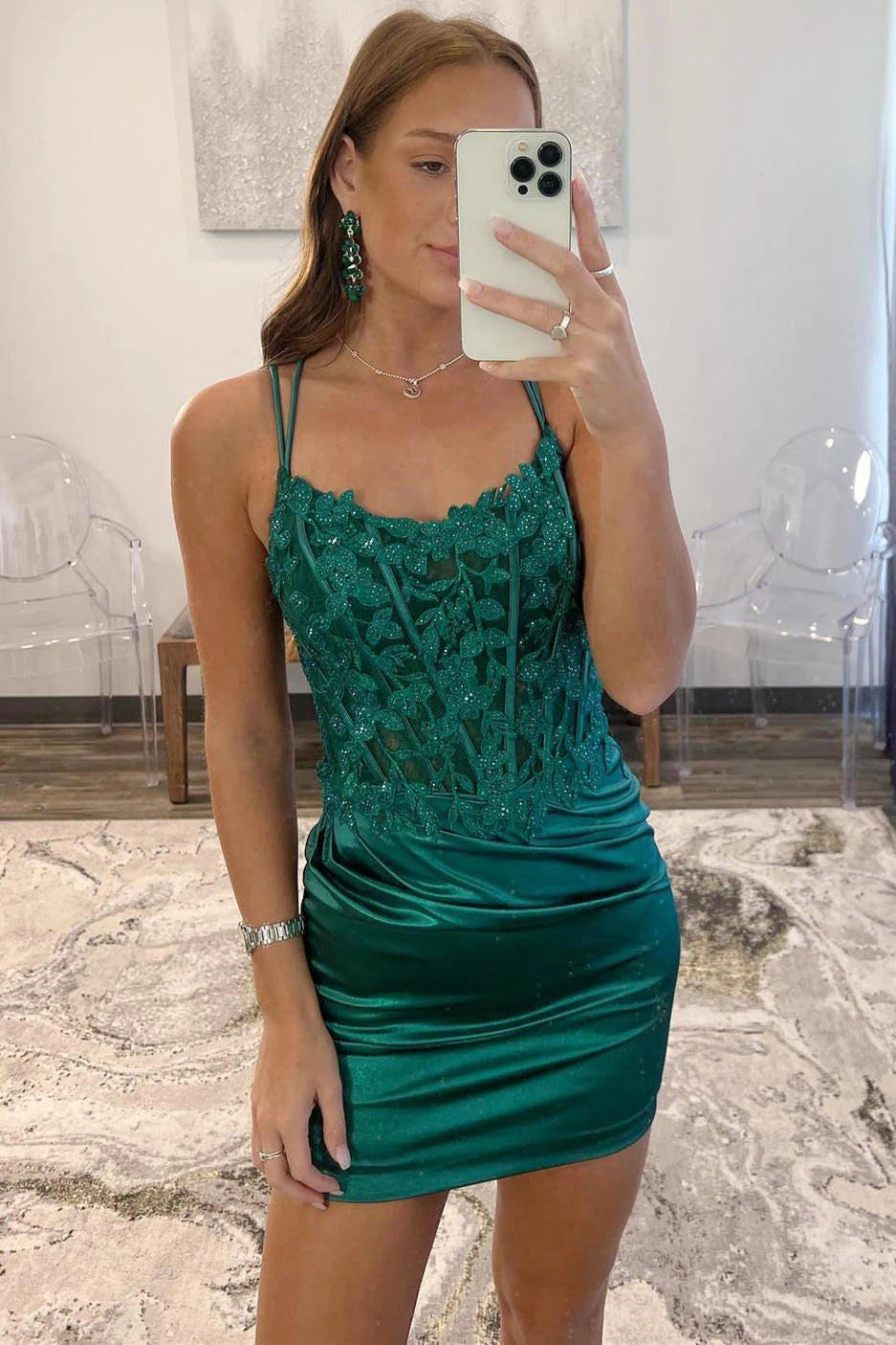 Emerald Green Straps Leaf Applqies Tight Homecoming Dress VK23081401