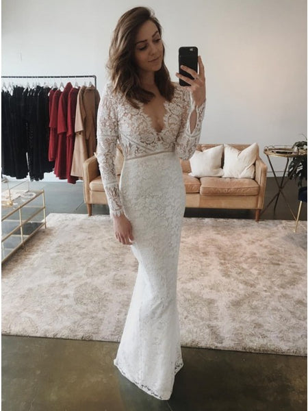 Mermaid V-Neck Long Sleeves Floor-Length Lace Wedding Dress with Split VK0530003