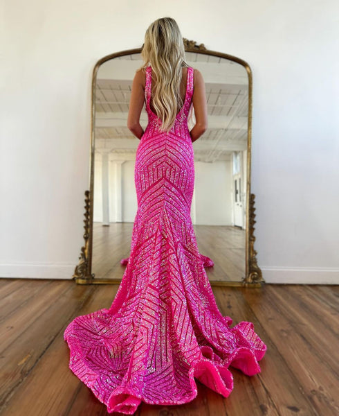 Fashion Mermaid V Neck Sparkly Sequins Prom Dresses VK23012902