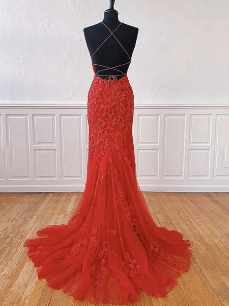 Mermaid Long Red Lace Prom Dresses, Cross Back Formal Dresses Evening Dresses VK0118008