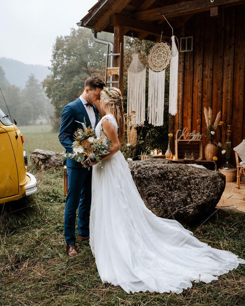 Bohemian A Line V Neck Chiffon Wedding Dresses with Lace VK23010605
