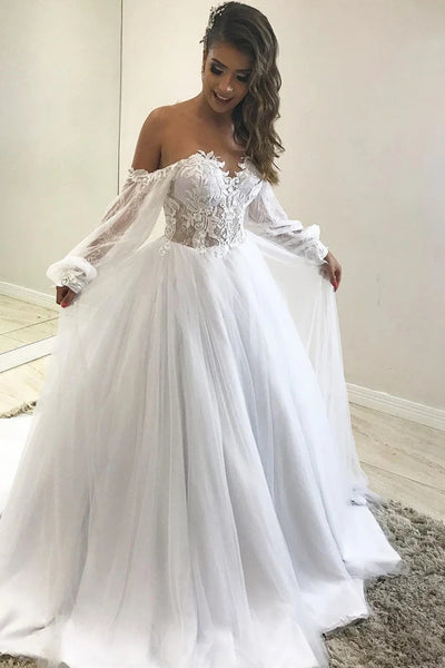 Unique A-Line Off the Shoulder Long Sleeve White Tulle Lace Wedding Dresses VK0318009