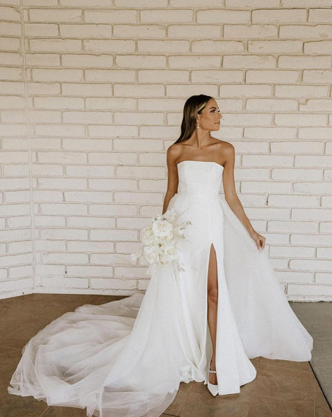 Elegant A Line Strapless Satin Slit Wedding Dresses with Pearls VK120805