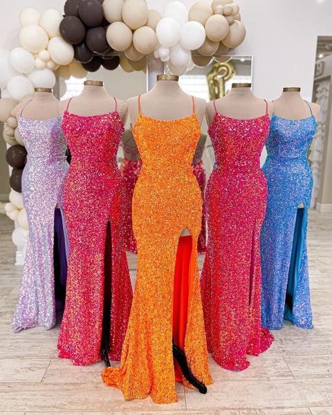 Sparkly Mermaid Scoop Neck Sequins Prom Dresses with Slit VK120702