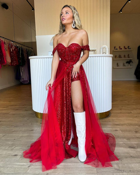 Sparkly Tow Piece Off the Shoulder Red Sequins Long Prom Dresses VK111902