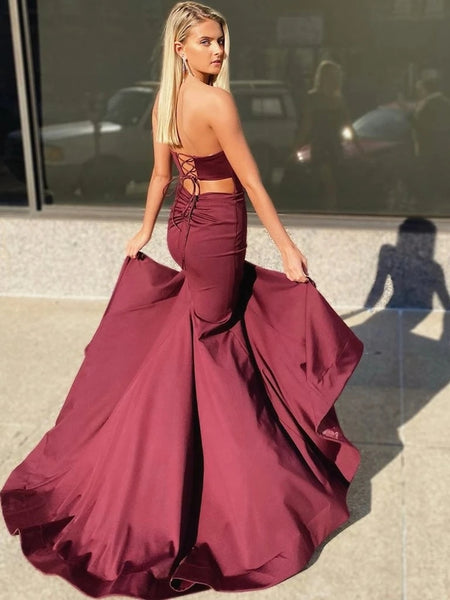 Mermaid Sweetheart Cross Back Burgundy Satin Long Prom Evening Dresses with Side Slit VK0119037