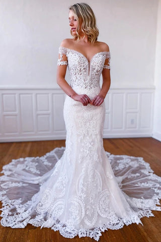 Mermaid Short Sleeves Long White Lace Wedding Bridal Dress VK0316004