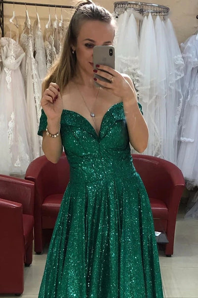 Off Shoulder Bling Bling Green Sequins Long Prom Dress, Off the Shoulder Green Formal Dress, Shiny Green Evening Dress VK0810003
