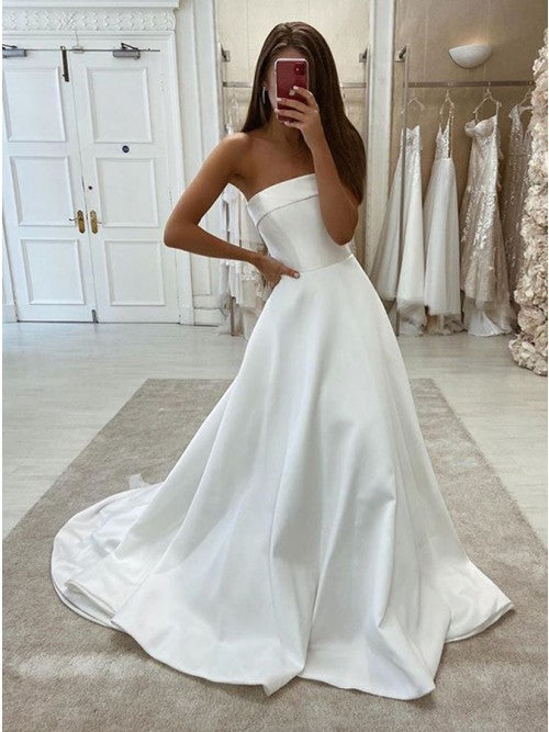 Free Shipping Simple Strapless A-Line White Satin Wedding Dresses