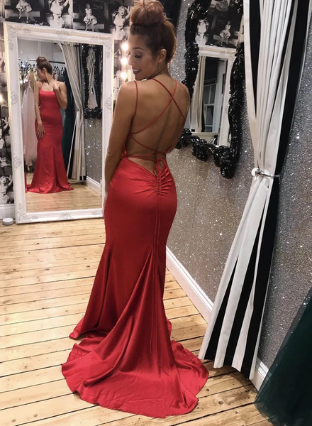 Sexy Mermaid Spaghetti Straps Red Long Prom/Evening Dress Cross Back Formal Dresses VK0124009
