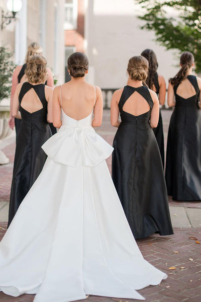 Simple A-Line Round Neck Black Satin Long Bridesmaid Dresses VK23112504