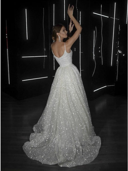 A-Line V-Neck Sleeveless Zipper-up Sequins Wedding Dress With Sweep Train VK0701008