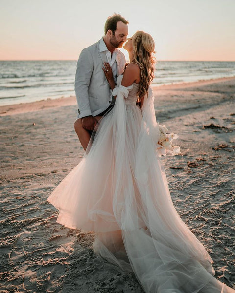 Fairy Off the Shoulder Tulle Wedding Dresses with Slit VKWD062001