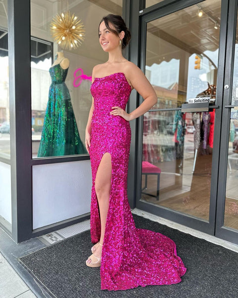 Cute Strapless Hot Pink Sequins Prom Dresses with Slit VK23040403