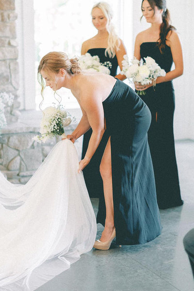 Black Strapless Long Bridesmaid Dresses with Slit VK23112503