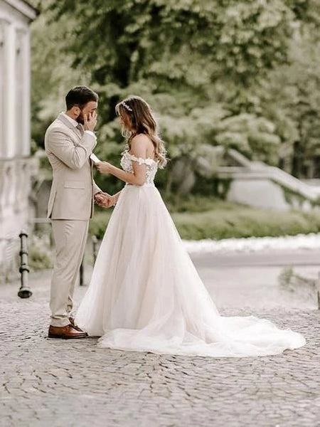 Wonderful Appliqued A-line Wedding Dresses Off the Shoulder Tulle Gowns VK0311001