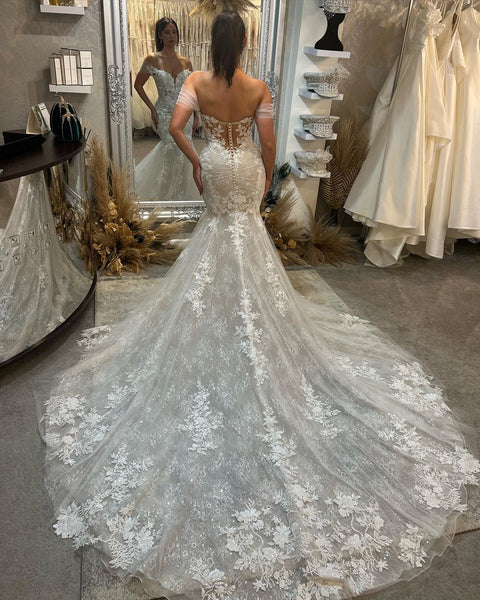 Charming Mermaid Off the Shoulder Lace Wedding Dresses with Appliques VK103102