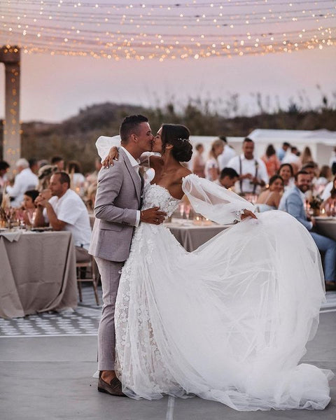 Luxurious Mermaid Lace Wedding Dresses with Ruffled Sleeves, Removable Tulle Train VKWD072902