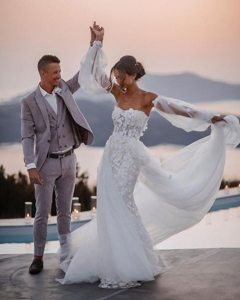 Luxurious Mermaid Lace Wedding Dresses with Ruffled Sleeves, Removable Tulle Train VKWD072902